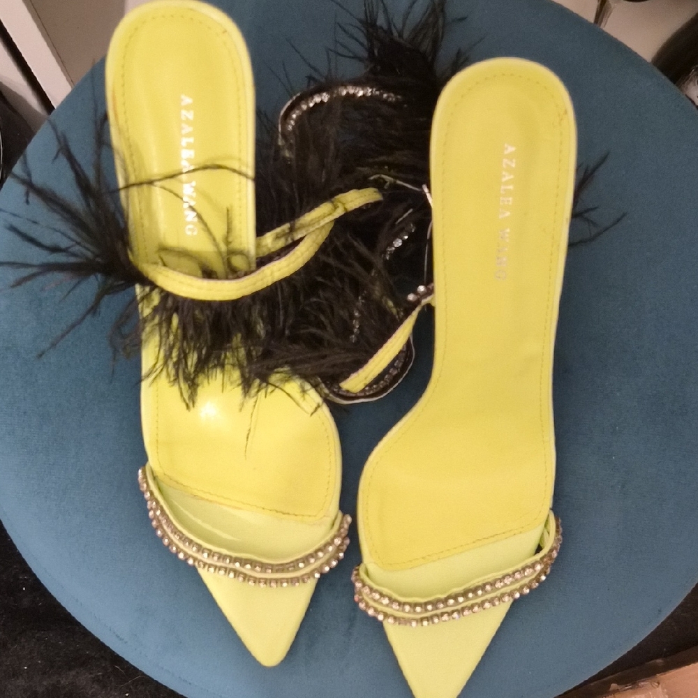 Azalea Wang Neon Yellow Jeweled Feather Slide Mules